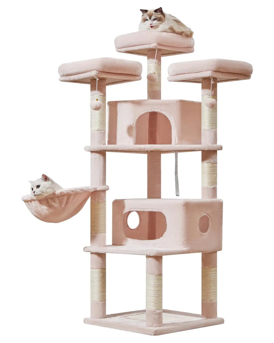 Taoqimiao Cat Tree 62.2-Inch Cat Tower for Indoor Cats Adult Multi-Level Cat Condo with 10 Cat Scratching Posts 3 Perches 2 Big Caves Hammock 3 Pompoms Jelly Pink MS025P