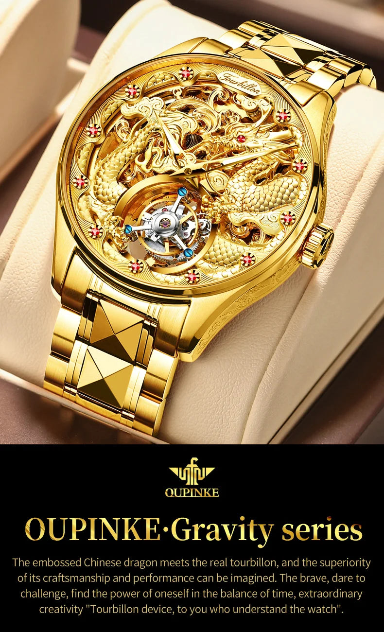 OUPINKE 3176 Tourbillon Men Watch 3D Carved Dragon Tungsten steel Waterproof Top tier Wristwatches Swiss Certification Watches