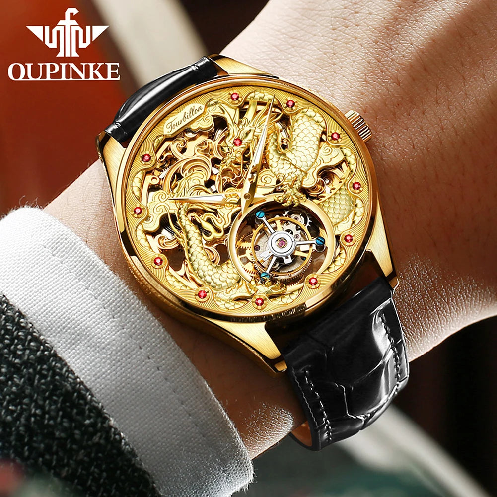 OUPINKE 3176 Tourbillon Men Watch 3D Carved Dragon Tungsten steel Waterproof Top tier Wristwatches Swiss Certification Watches