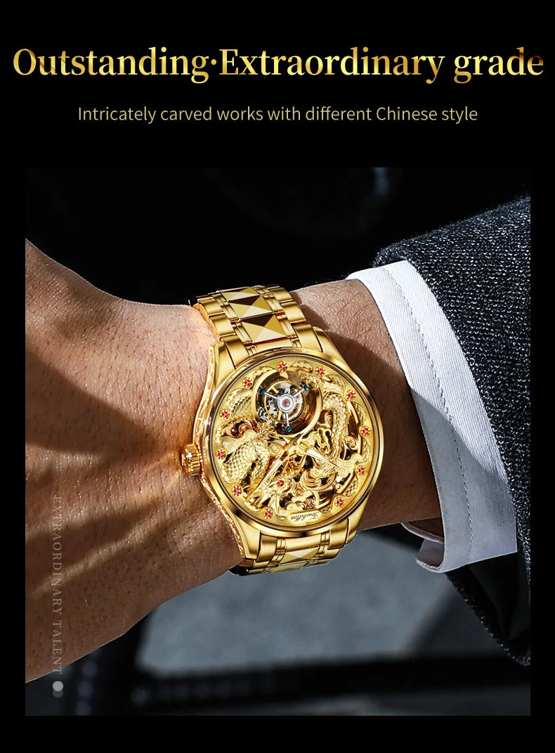 OUPINKE 3176 Tourbillon Men Watch 3D Carved Dragon Tungsten steel Waterproof Top tier Wristwatches Swiss Certification Watches