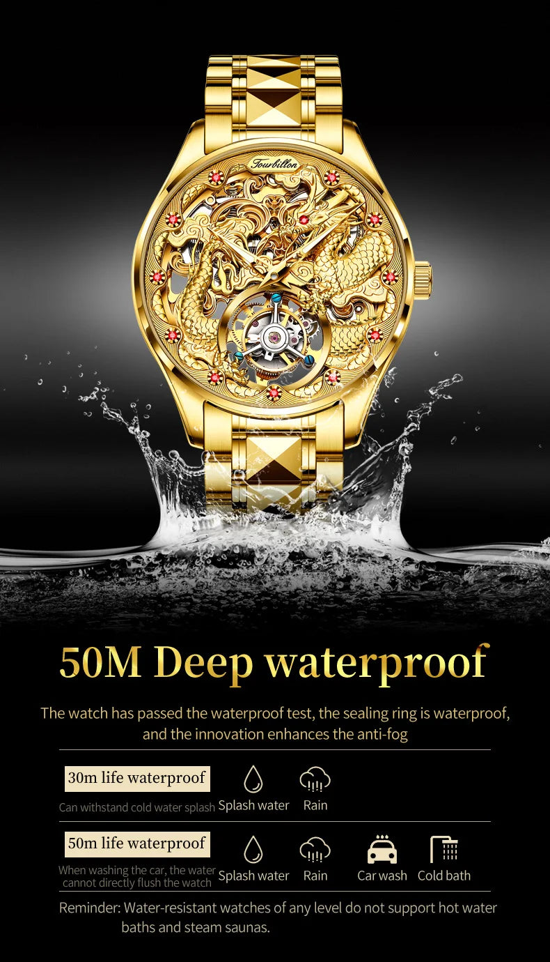 OUPINKE 3176 Tourbillon Men Watch 3D Carved Dragon Tungsten steel Waterproof Top tier Wristwatches Swiss Certification Watches