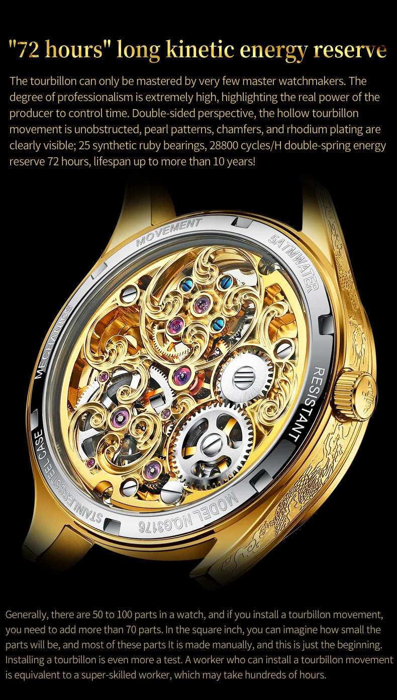 OUPINKE 3176 Tourbillon Men Watch 3D Carved Dragon Tungsten steel Waterproof Top tier Wristwatches Swiss Certification Watches