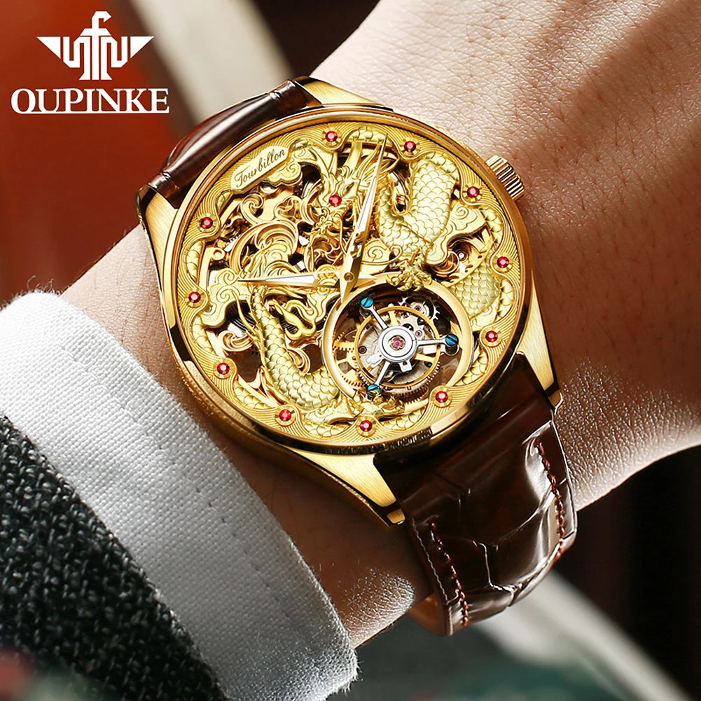 OUPINKE 3176 Tourbillon Men Watch 3D Carved Dragon Tungsten steel Waterproof Top tier Wristwatches Swiss Certification Watches