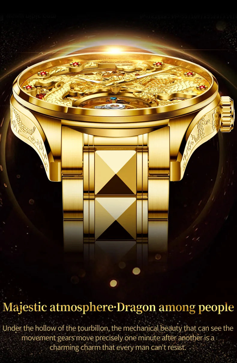 OUPINKE 3176 Tourbillon Men Watch 3D Carved Dragon Tungsten steel Waterproof Top tier Wristwatches Swiss Certification Watches