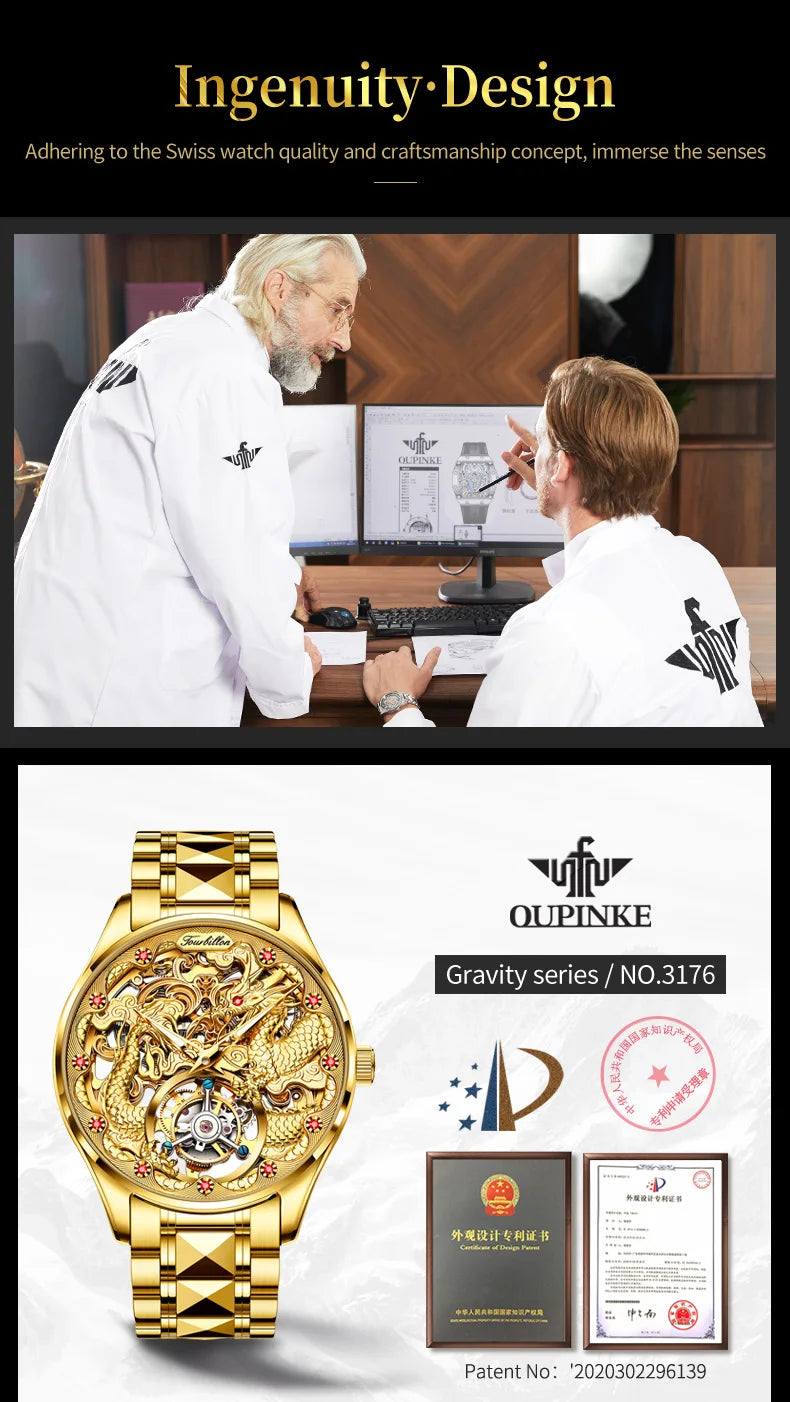 OUPINKE 3176 Tourbillon Men Watch 3D Carved Dragon Tungsten steel Waterproof Top tier Wristwatches Swiss Certification Watches