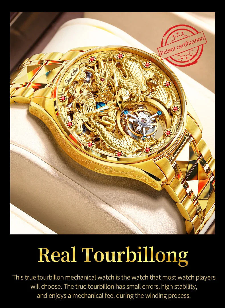OUPINKE 3176 Tourbillon Men Watch 3D Carved Dragon Tungsten steel Waterproof Top tier Wristwatches Swiss Certification Watches
