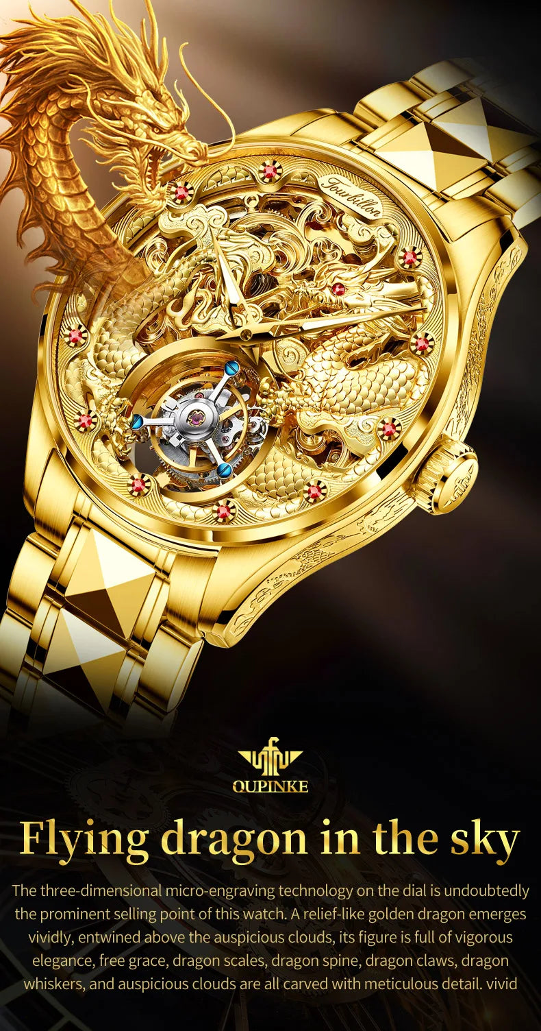 OUPINKE 3176 Tourbillon Men Watch 3D Carved Dragon Tungsten steel Waterproof Top tier Wristwatches Swiss Certification Watches