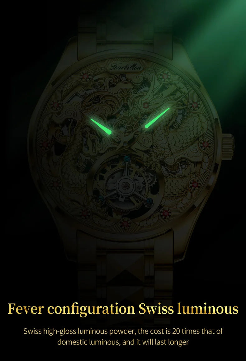 OUPINKE 3176 Tourbillon Men Watch 3D Carved Dragon Tungsten steel Waterproof Top tier Wristwatches Swiss Certification Watches