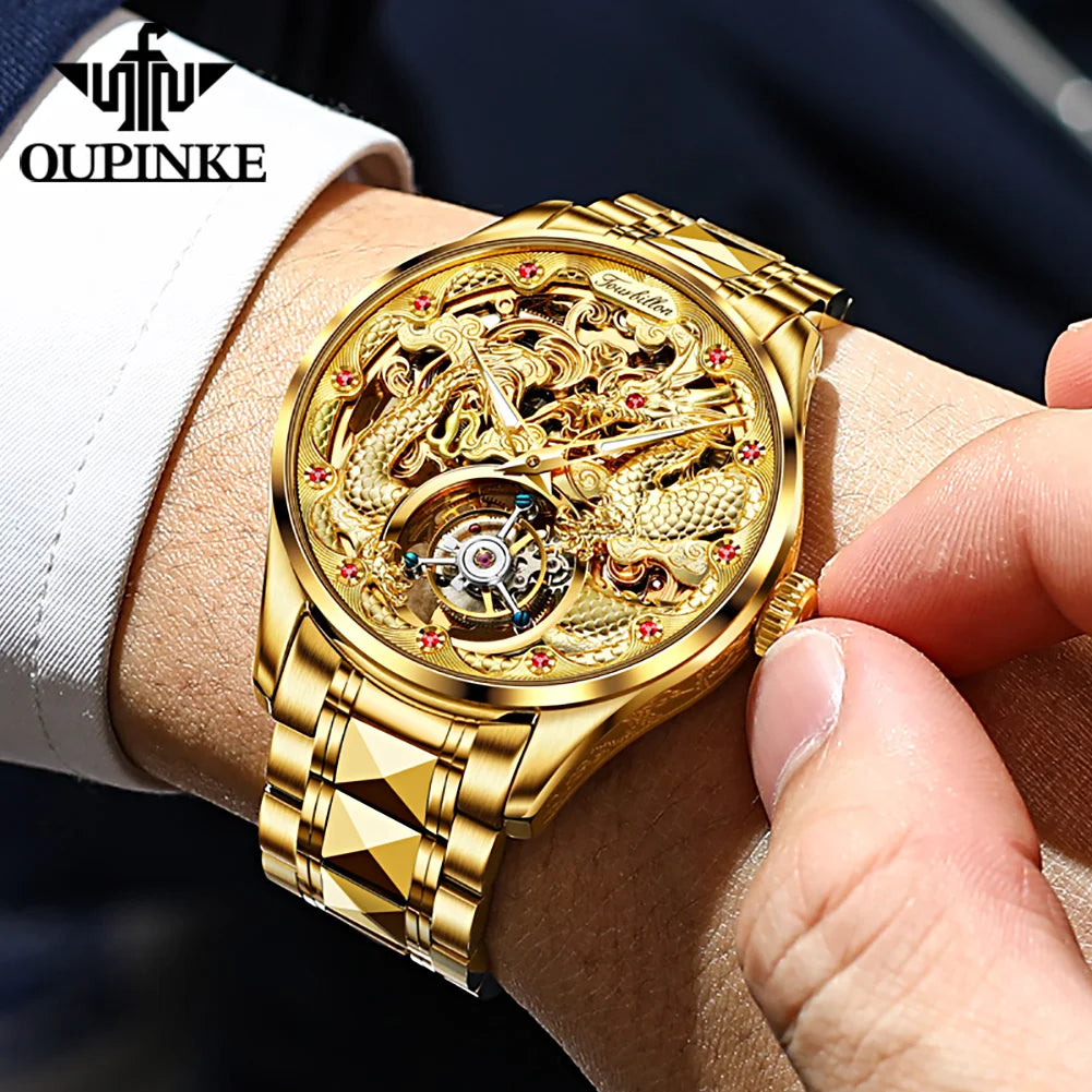 OUPINKE 3176 Tourbillon Men Watch 3D Carved Dragon Tungsten steel Waterproof Top tier Wristwatches Swiss Certification Watches