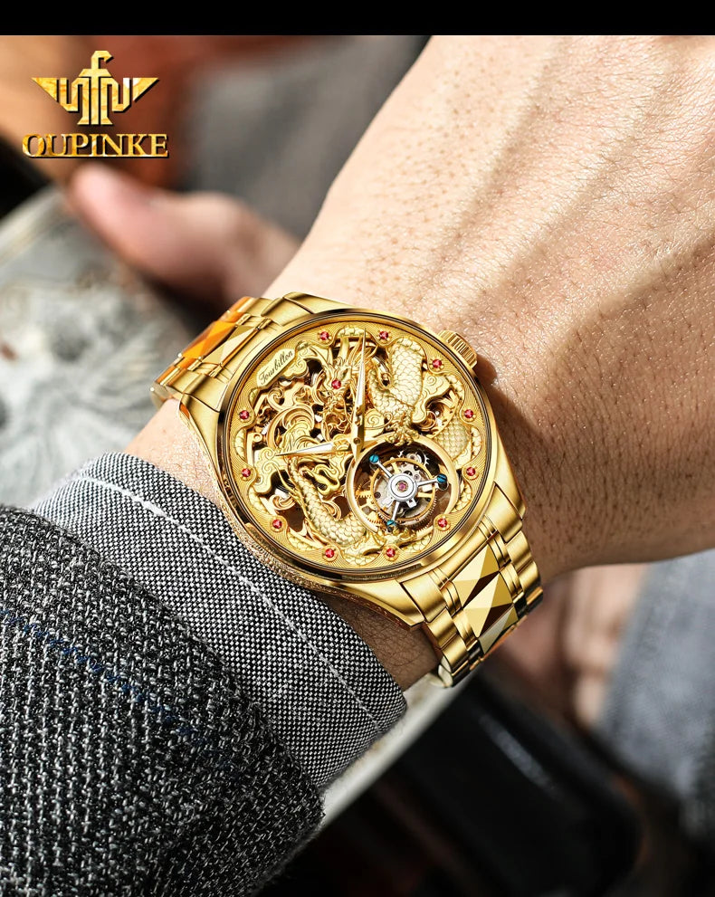 OUPINKE 3176 Tourbillon Men Watch 3D Carved Dragon Tungsten steel Waterproof Top tier Wristwatches Swiss Certification Watches