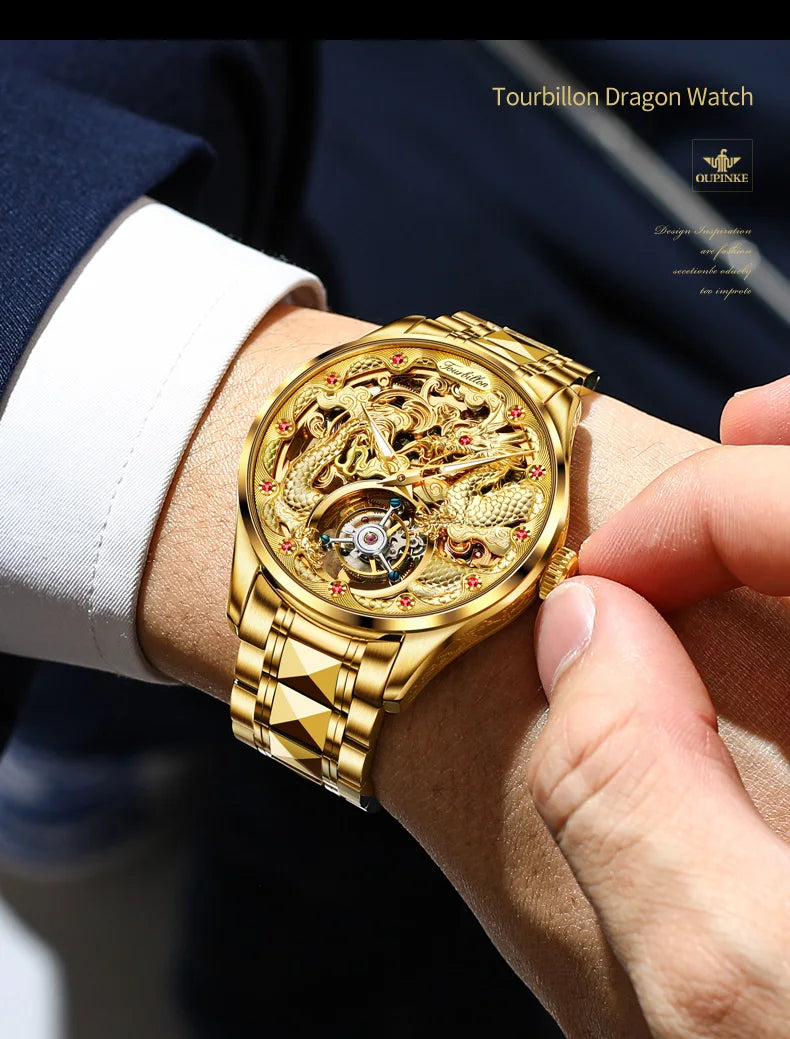 OUPINKE 3176 Tourbillon Men Watch 3D Carved Dragon Tungsten steel Waterproof Top tier Wristwatches Swiss Certification Watches