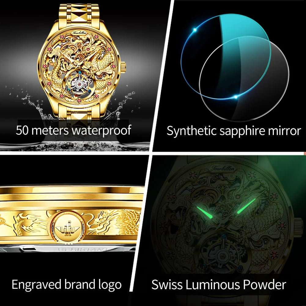OUPINKE 3176 Tourbillon Men Watch 3D Carved Dragon Tungsten steel Waterproof Top tier Wristwatches Swiss Certification Watches