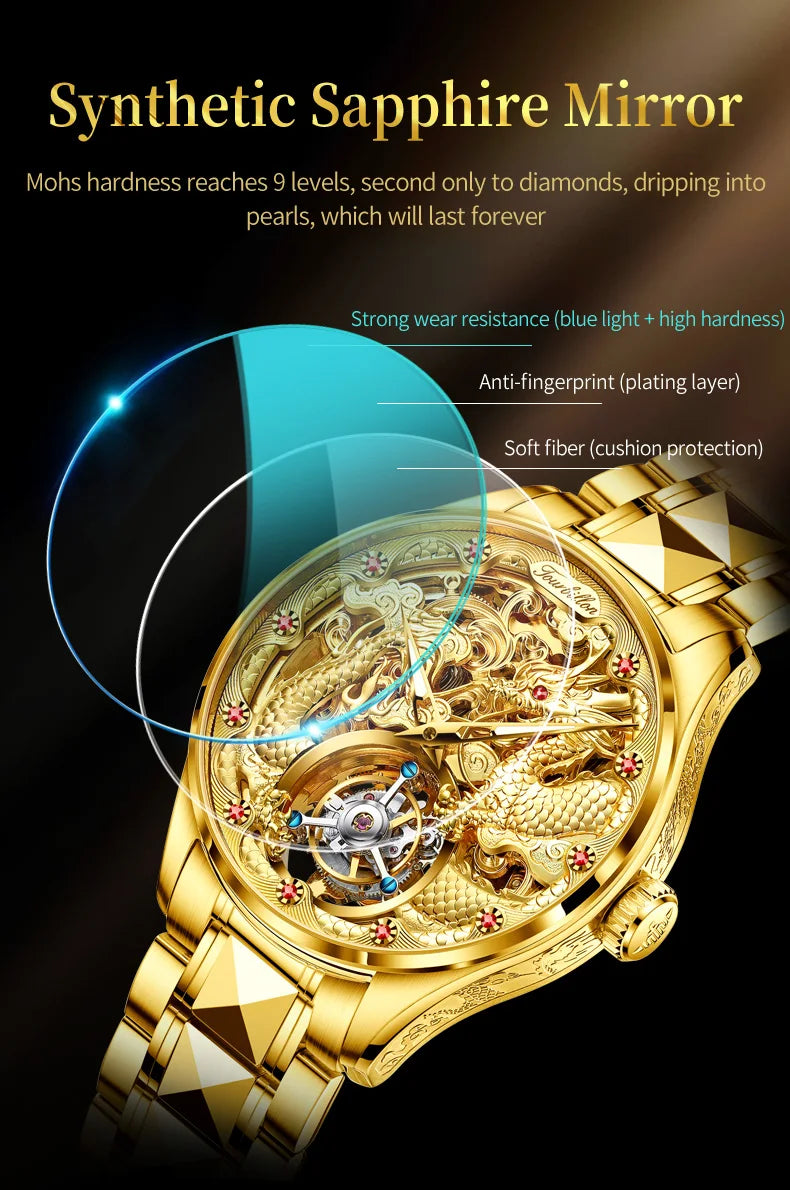 OUPINKE 3176 Tourbillon Men Watch 3D Carved Dragon Tungsten steel Waterproof Top tier Wristwatches Swiss Certification Watches