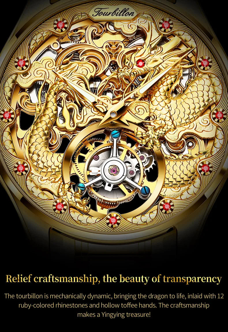 OUPINKE 3176 Tourbillon Men Watch 3D Carved Dragon Tungsten steel Waterproof Top tier Wristwatches Swiss Certification Watches