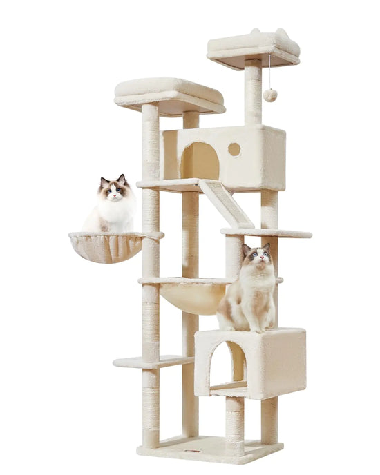 Taoqimiao 71-Inch Large Cat Tree for Large Cats Plush Multi-Level Cat Condo with 8 Scratching Posts 2 Perches Cave Hammock 2 Pompoms Scratch Board for Indoor Cats -MS026LM Beige