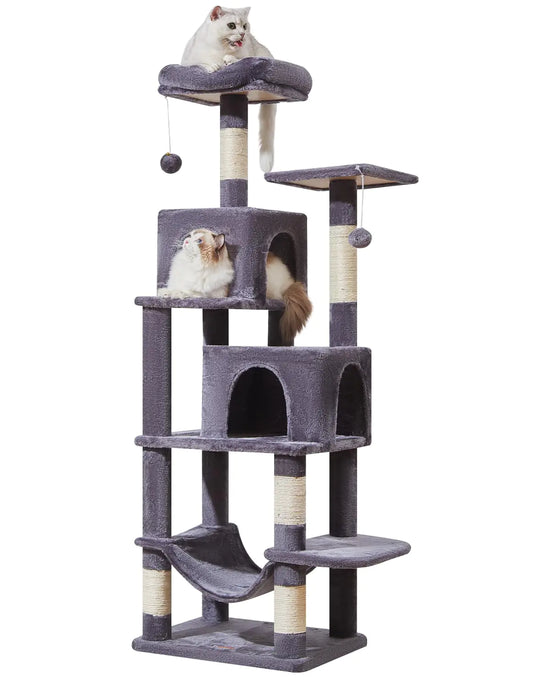 Taoqimiao Cat Tree 61-Inch Cat Tower for Indoor Cats Plush Multi-Level Cat Condo with 5 Scratching Posts 2 Perches 2 Caves Hammock 2 Pompoms Smoky Gray MS013SG
