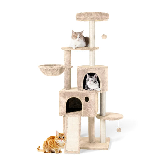 TSCOMON 59" Large Cat Tree Tower for Indoor Cats Soft Plush Multi-Level Cat Condo House with Hammock 2 Cat Cave Scratching Post Sisal Staircase Beige